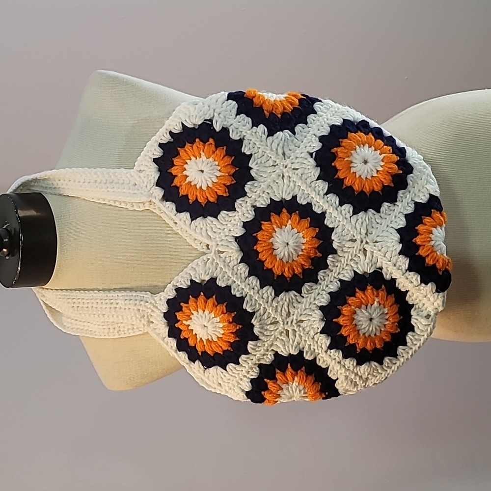 Handmade crochet purse granny squares white navy blue orange
